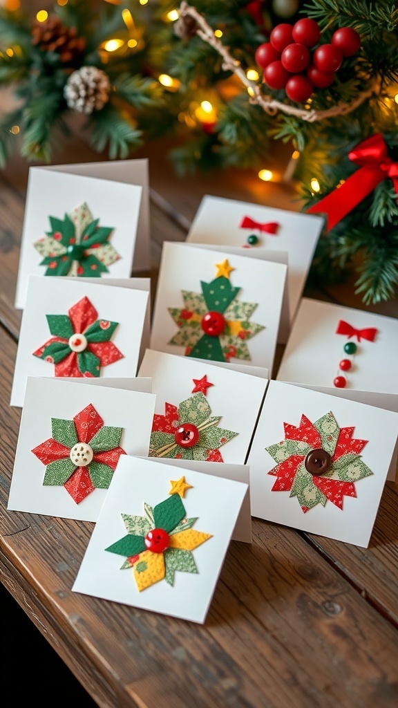 Handmade Christmas quilt cards with colorful fabric patterns on a wooden table.